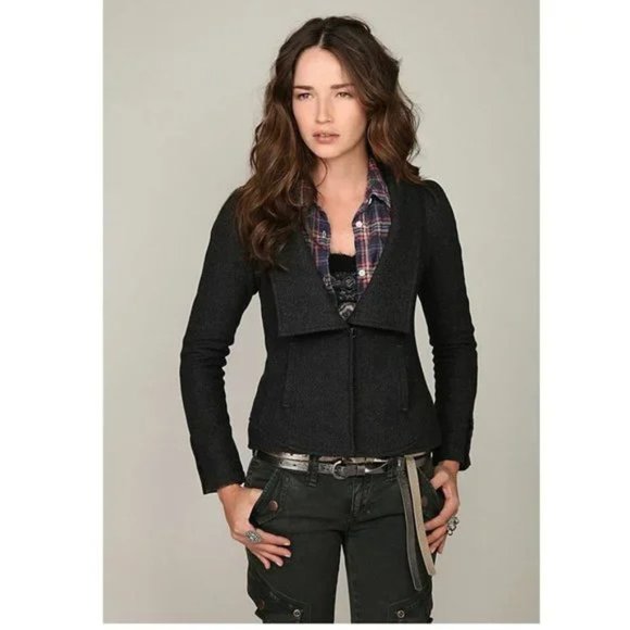 Vintage Free People Charcoal Gray Herringbone Tweed Blazer Jacket Puff Sleeves - Picture 1 of 7